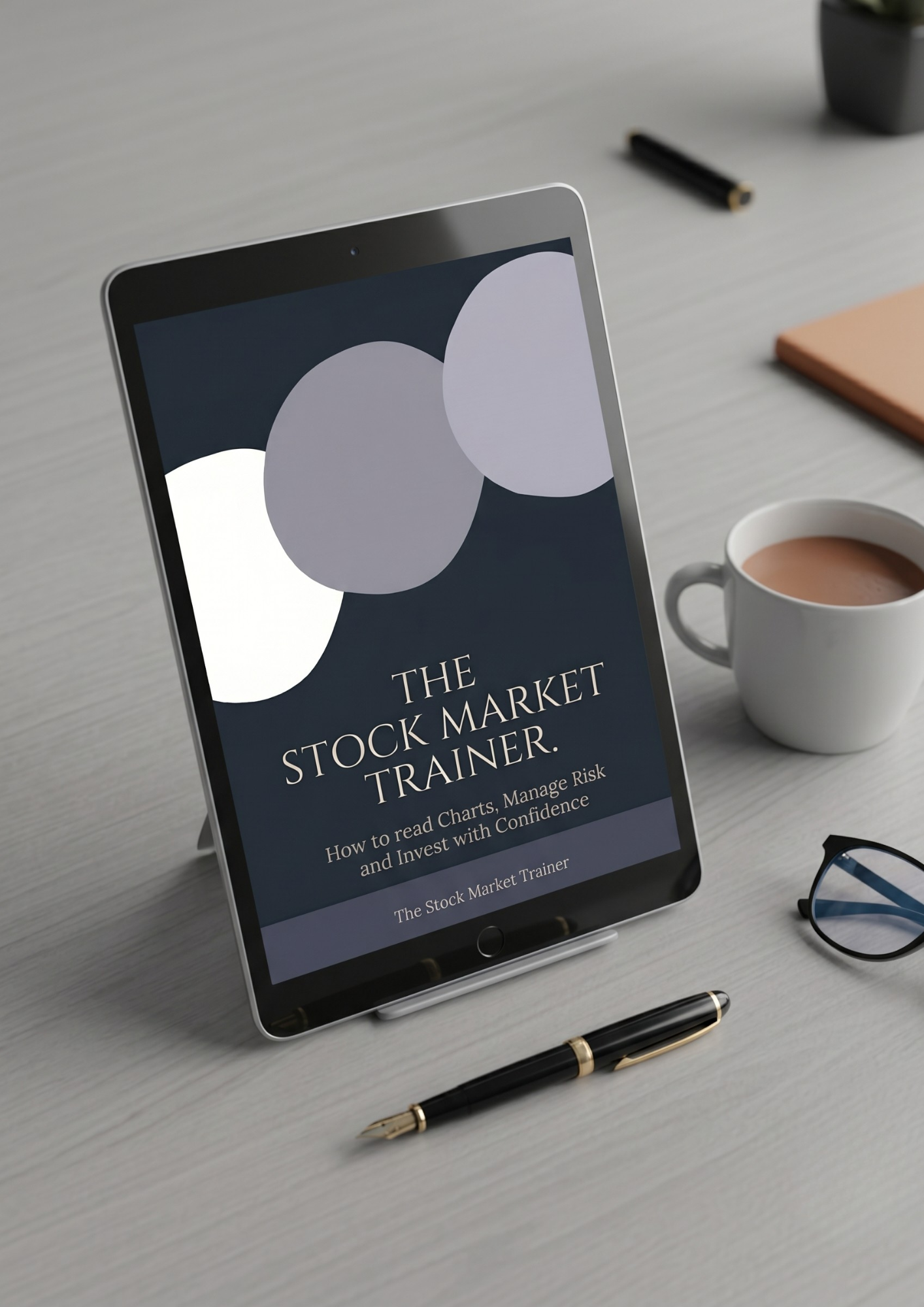 The Stock Market Trainer eBook displayed on a tablet - How to Read Charts, Manage Risk and Invest with Confidence